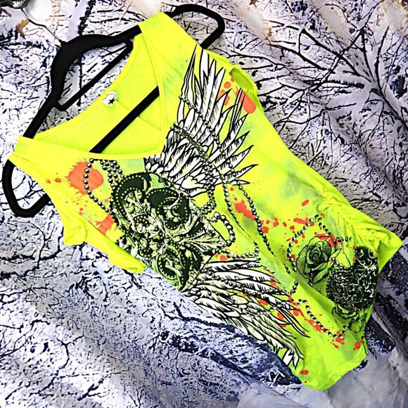 NEON GRAPHIC TEE S Converse One Sleeve Cold Shoulder Green Orange Tattoo Art Y2K - Picture 1 of 6